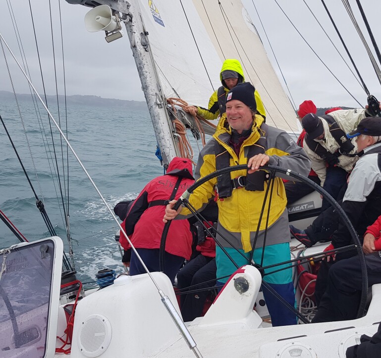 Jim Graham at the helm of Steinlarger 2, the boat that Peter Blake won the round the world race on.